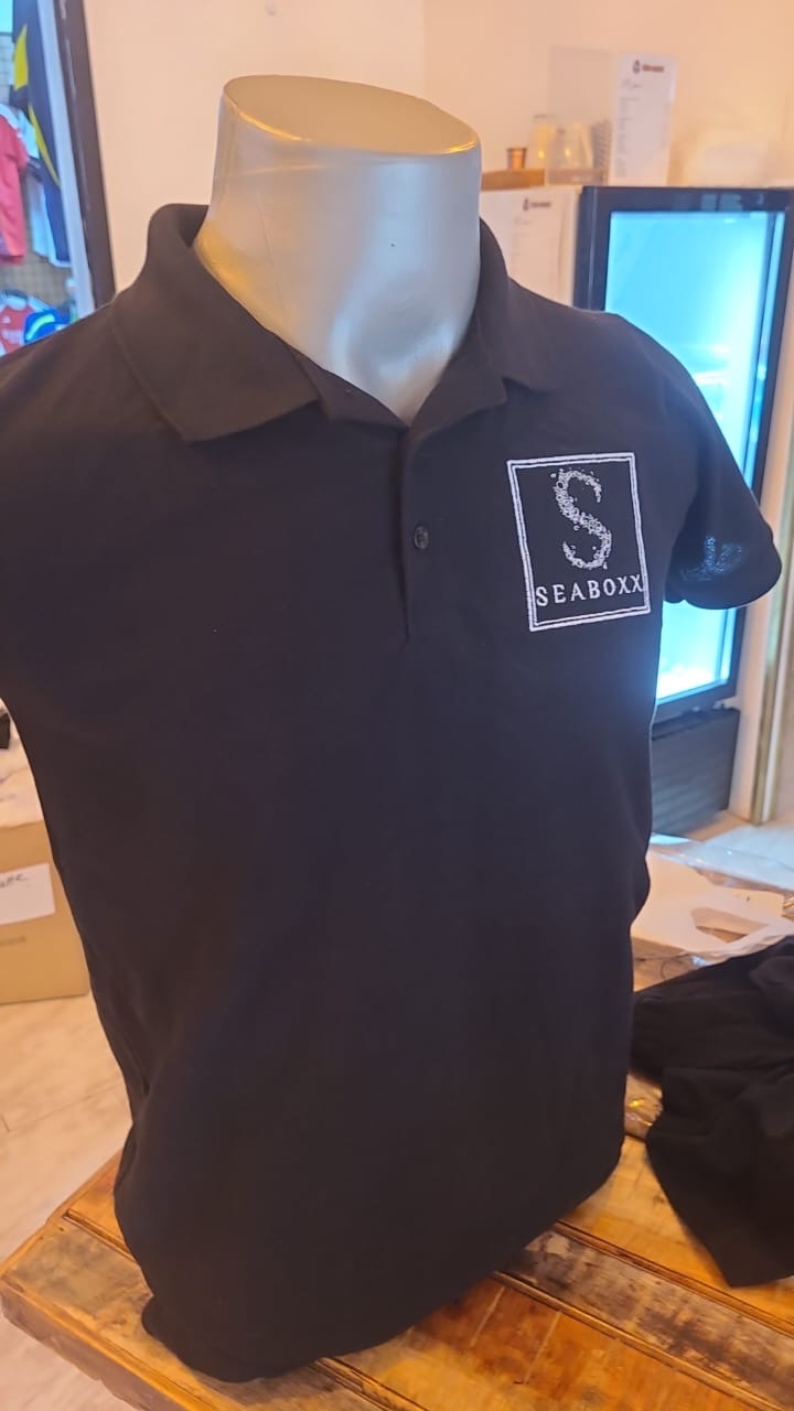 SEABOXX embroidered black polo shirt front